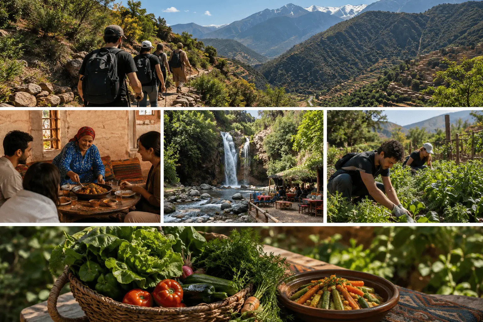 Green valley and olive groves of the Ourika Valley below the Atlas mountains